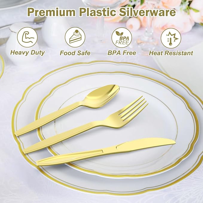 300 Count Extra Heavy Duty Gold Plastic Silverware, 100 Forks, 100 Spoons, 100 Knives, BPA-Free, Heat Resistant, Disposable Plastic Utensils Set, Plastic Cutlery Set, Plasticware Bulk