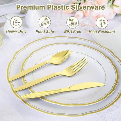 300 Count Extra Heavy Duty Gold Plastic Silverware, 100 Forks, 100 Spoons, 100 Knives, BPA-Free, Heat Resistant, Disposable Plastic Utensils Set, Plastic Cutlery Set, Plasticware Bulk