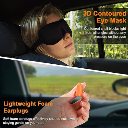 Travel Pillow - Hooded Neck Pillow Airplane Memory Foam Filling for Plane, Office, Cars Sleeping, Road Trip, Long Flights, Portable Plane Accessories, Includes Eye Mask & Earplugs (Black)