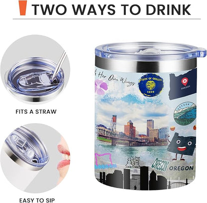 12oz Coffee Mug Oregon State Insulated Coffee Cups, United States Map Travel Mug Landmark, Birthday Gifts Cute Mugs with Lid and Straw Gifts for Mom