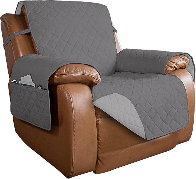 PureFit Reversible Quilted Sofa Cover, Water Resistant Slipcover Furniture Protector, Washable Couch Cover with Non Slip and Elastic Straps for Kids, Dogs, Pets (Oversized Recliner, Gray/Light Gray)