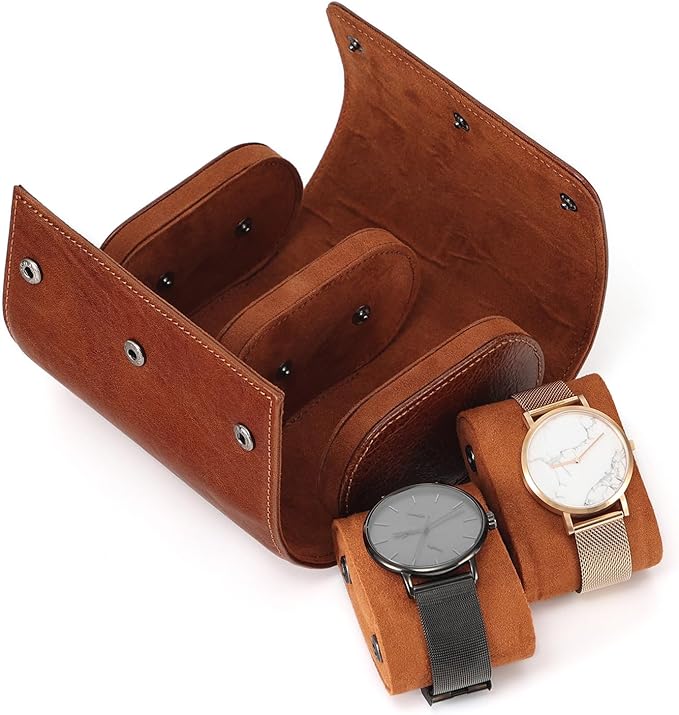 JOYIR Genuine Leather Watch Roll for 2 Watches | Double Watch Travel Case Organizer with Pillows | Portable Storage & Display for Men & Women | Ideal Gift for Father's Day, Birthday
