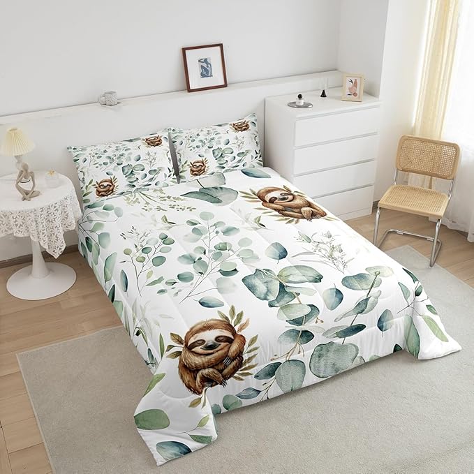 Erosebridal Girls Kawaii Animal King Size Comforter Set Cute Sloth Bedding Set, Cartoon Wildlife Down Comforter Green Leaf Bed Set, Spring Garden Plant Quilted Duvet Child Kids Bedroom Decor