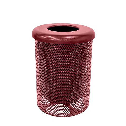 COATEDOUTDOORFURNITURE RFT-P-BUR Heavy Duty Round Trash Receptacle with Flat Top, Liner Included, 32 Gallon, Burgundy, Made in America