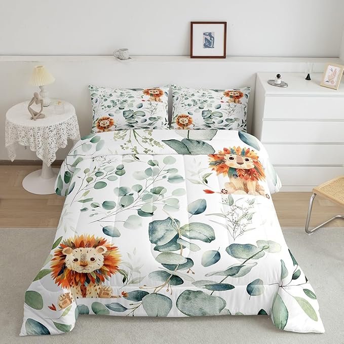 Erosebridal Cute Lion Bedding Toddler Size for Kids Child Green Eucalyptus Comforter Set Toddler, Woodland Animal Duvet Insert Plant Leaves Quilt Comforter, Cartoon Wildlife Bedding Comforters & Sets