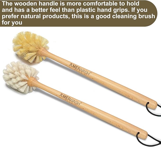 Bottle Brushes with Natural Bristles, 13-3/4 Inch Long Wood Handle Bottle Brush Cleans and Scrubs Wide Mouth Jars, Glasses, Vases, Mugs and Pitchers, Sisal + Horsehair Bristles 2 Pack