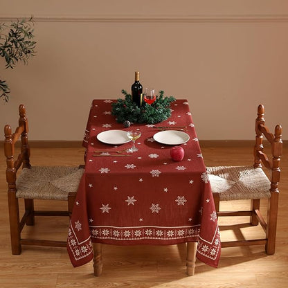 ISAENNE Designer Christmas Red Extra Long Rectangle Tablecloth,Linen Table Cloth with Snowflakes Pattern,Wrinkle Resistant Decor Tablecloths for Dining Kitchen Thanksgiving,67"*118"-Carol C