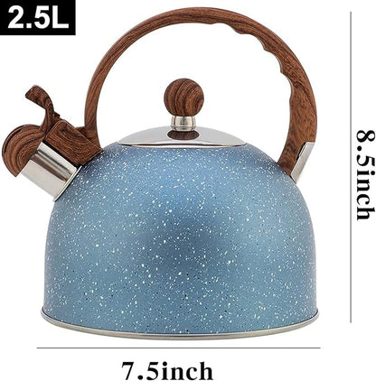 Vilihkc Whistling Stainless Steel Tea Kettle with Wood Grain Anti Heat Handle,2.6 Quart/2.5 Liter Stainless Steel Tea Kettles,Loud Whistling for Tea,Coffee,Gas Electric Applicable