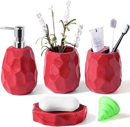 Ceramic Bathroom Accessories Set 4 PCS,Bathroom Toothbrush Holder Set,Soap and Toothbrush Holder Set,Include Toothbrush Holder,Soap Dispenser,Tumbler,Soap Dish,Bathroom Sets Decor Organizer (Red)