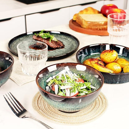 Dinner Set 12 Pieces - Round Reactive Glaze Tableware - Kitchen Dinnerware Porcelain Crockery with Dinner Plate, Bowl and Soup Plate Service for 4, Microwave Dishwasher Safe, Set (No.4)