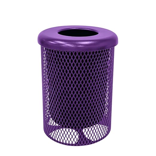 COATEDOUTDOORFURNITURE RFT-PUR Heavy Duty Round Trash Receptacle with Flat Top, Liner Included, 32 Gallon, Purple, Made in America