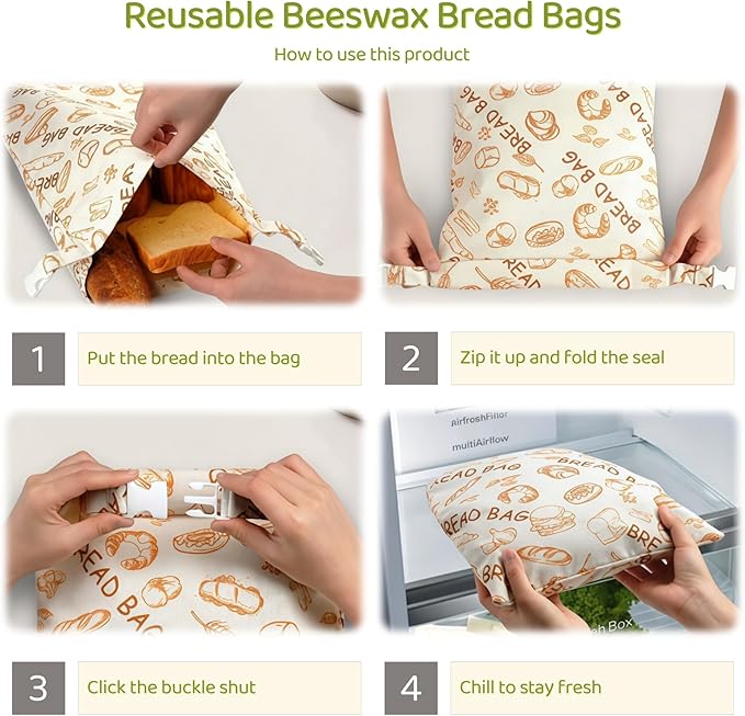 2 Pack XL Beeswax Bread Bags with Zipper Seal – Reusable Cotton Linen Waxed Bread Bags for Homemade Bread, Sourdough Storage, Eco-Friendly Bees Wax Bag Alternative to Plastic (2)