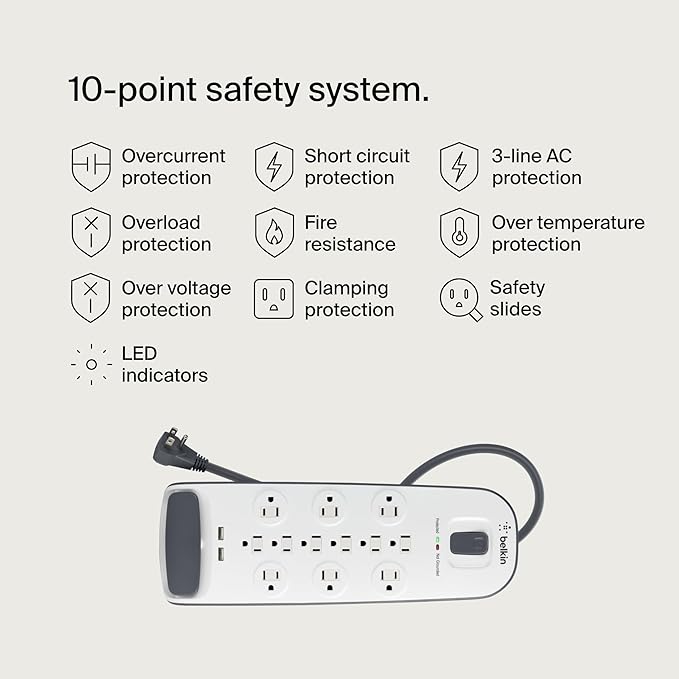 Belkin USB Power Strip Surge Protector - 12 AC Multiple Outlets & 2 USB Ports - 6 ft Long Flat Plug Extension Cord for Home, Office, Travel, Computer Desktop & Charging Brick - White (3,996 Joules)