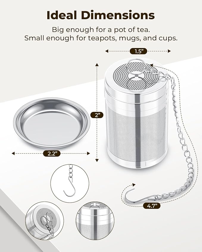 House Again 2 Pack Tea Infusers, Extra Fine Mesh Tea Strainers for Loose Tea, Updated Slim Threaded Lid & 304 Stainless Steel, Loose Leaf Tea Steeper for Brew Tea Spices & Seasonings