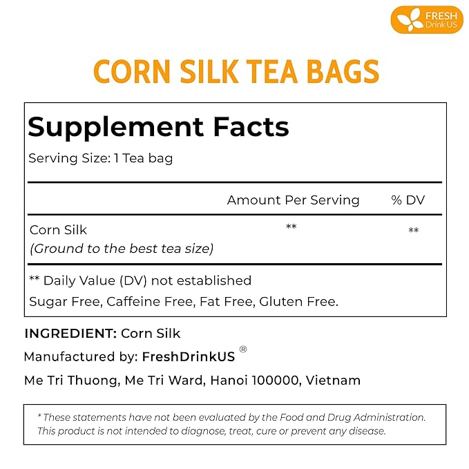 FreshDrinkUS, Premium 40 Tea Bags Corn Silk Tea, 100% Natural & Pure from Corn Silk. Herbal Tea. Clean Ingredients. Made with Natural Material Tea Bags. No Sugar, No Caffeine, Vegan.