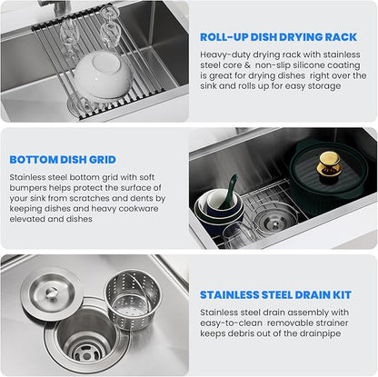 POPFLY 23×18 Inch Drop in Workstation Kitchen Sink, Handmade 18-Gauge 304 Stainless Steel Sinks Topmount 9-Inch Deep Single Bowl Modern Overmount Small Kitchen Sink with Cutting Board