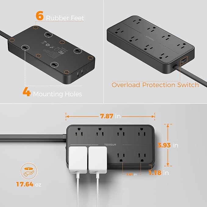 2000J Surge Protector Power Strip, TESSAN 5 FT Extension Cord with Multiple Outlets Flat Plug, 3 USB (1 USB C) and 8 AC Outlets, Wall Mount USB Charging Station for Home Office Supplies, Black