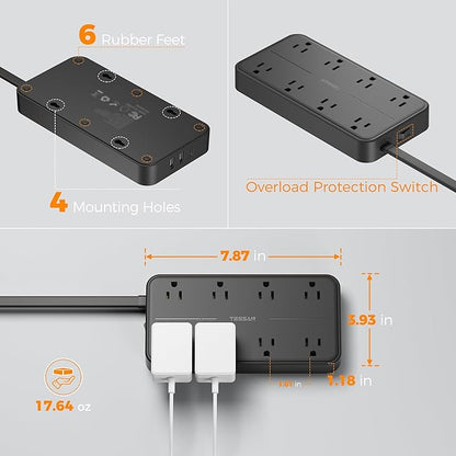 2000J Surge Protector Power Strip, TESSAN 5 FT Extension Cord with Multiple Outlets Flat Plug, 3 USB (1 USB C) and 8 AC Outlets, Wall Mount USB Charging Station for Home Office Supplies, Black