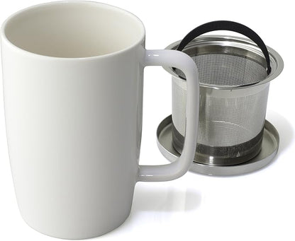 FORLIFE Dew Glossy Finish Brew-In-Mug with Basket Infuser & "Mirror" Stainless Lid 18 oz., White