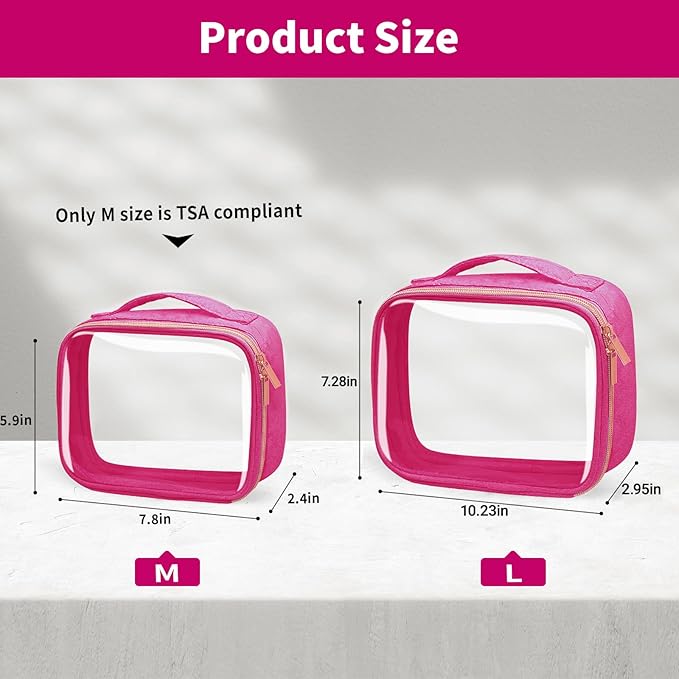 TSA Approved Travel Toiletry Bag,2 Pack Clear Makeup Bags with Handles,Quart Size Clear Cosmetic Bags for Traveling Women,Men,Carry on Airport Airline Compliant Bag,Rose Red