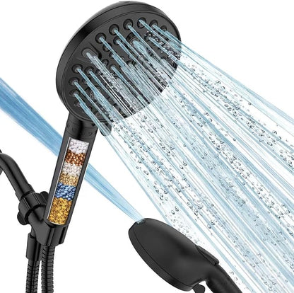 MakeFit Handheld Shower Head with Filter Matte Black - High Pressure 10 Spray Modes Filtered Shower Head with Hose, Bracket and Hard Water Shower Filters to Remove Chlorine and Heavy Metals