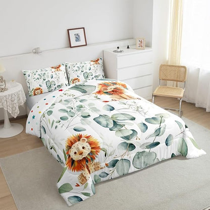Erosebridal Cute Lion Bedding Toddler Size for Kids Child Green Eucalyptus Comforter Set Toddler, Woodland Animal Duvet Insert Plant Leaves Quilt Comforter, Cartoon Wildlife Bedding Comforters & Sets