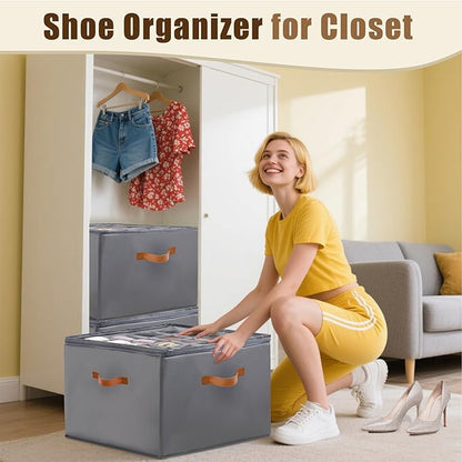 Shoe Organizer for Closet, Fits up to 16 Pairs Shoe Storage, Clear Foldable Shoe Containers Boxes Bins Baskets with Adjustable Dividers and Clear Cover Grey