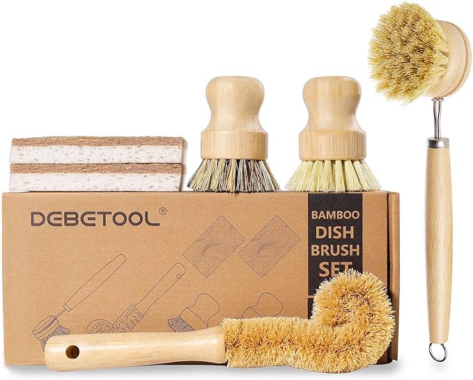 6 Piece Bamboo Dish Brush Set with Coconut Sponge - Wooden Dish Brush with Sisal and Palm Fiber, Natural Bamboo Dish Scrub Brush for Kitchen Cleaning Dishes, Pots, Pans, Bottles, Vegetables
