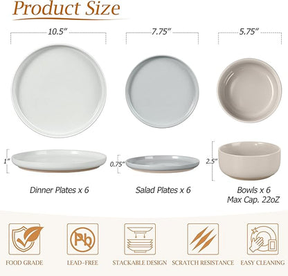 LIANYU Dinnerware Set for 6, 18PCS Dining Plates and Bowls Dishes for Kitchen Dining, Ceramic Dinner Set, Scratch Resistant & Dishwasher Safe, Assorted Colors