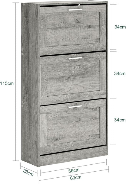 Shoe Cabinet for Entryway, 3-Tier Flip Drawer Narrow Shoe Storage Cabinet with Divider, Tall Slim Shoe Organizer for Small Spaces, Slim Shoe Rack Freestanding, Gray, HUS-FSR137-L