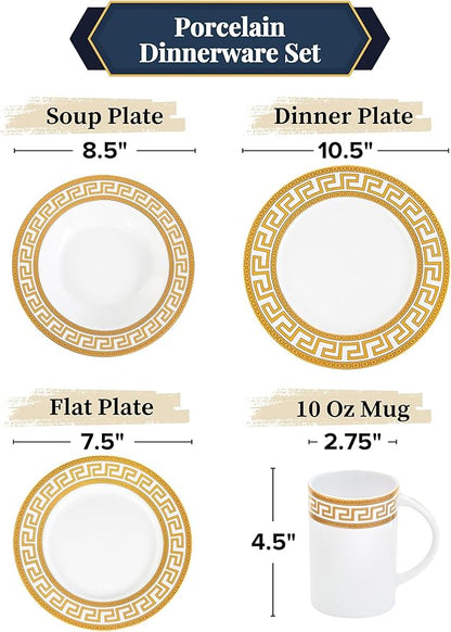 60 Piece Porcelain Dinnerware Sets – Service for 12 Plates, Mugs, Bowls – White with Gold Greek Key Design Dish Set for Kitchen Table, Everyday Dining or Formal Occasions (Meander Gold)