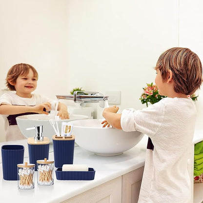 Blue Bathroom Set - Navy Blue Bathroom Accessories Set with with Trash Can,Toothbrush Holder,Toothbrush Cup,Soap Dispenser,Tray,Soap Dish,Toilet Brush,Qtip Holders for Bathroom Home Decor