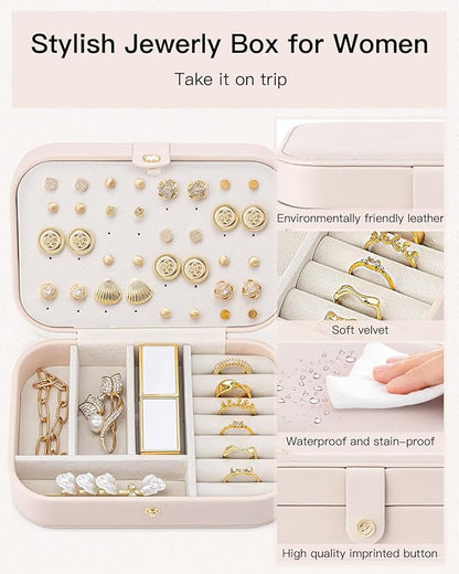 Vlando Travel Jewelry Case, PU Leather Travel Jewelry Box with Earring Holder, Portable Display Small Jewelry Box for Mothers Day Women Girls Gift - Pink