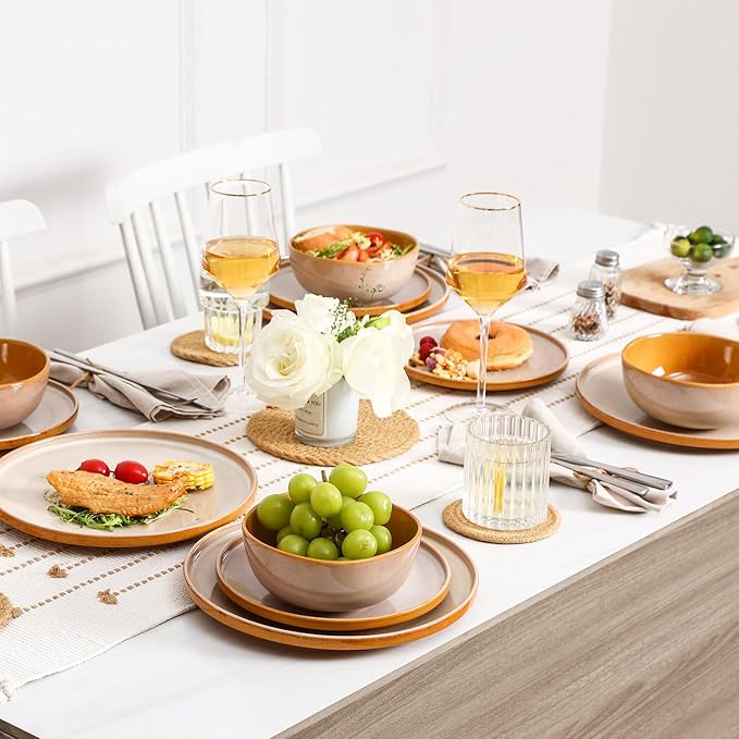 Vicrays Ceramic 12 Pieces Dinnerware Set - Dinner Plates Salad Plates Cereal Bowls Set Service for 4 - Scratch Resistant Microwave Oven Dishwasher Safe - Beige
