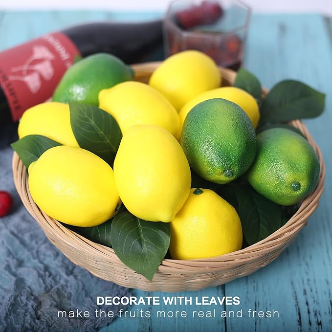 Fake Fruit Artificial Lemons 24 Pcs, Faux Lemon Leaves 12 Pcs Lifelike Fake Lemon Decor for Kitchen Table Cabinet Party Plastic Fruits Photography Prop
