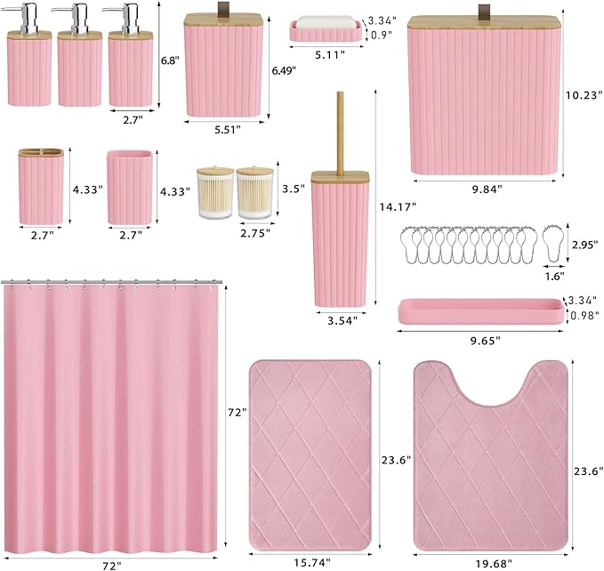 Bathroom Accessory Set - Pink Bathroom Set, 27PC Bathroom Accessories Set, Bathroom Sets with Shower Curtain and Rugs, Mini Trash Can, Toilet Brush, Trash Can & Soap Dispenser
