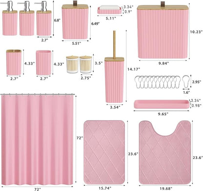 Bathroom Accessory Set - Pink Bathroom Set, 27PC Bathroom Accessories Set, Bathroom Sets with Shower Curtain and Rugs, Mini Trash Can, Toilet Brush, Trash Can & Soap Dispenser