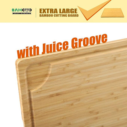 Extra Large 100% Organic Bamboo Cutting Board, 24x18 Inch Butcher Block Chopping/Carving Board with Handle and Juice Groove for Turkey, Meat, Vegetables, BBQ (XXL, 24" x 18"）