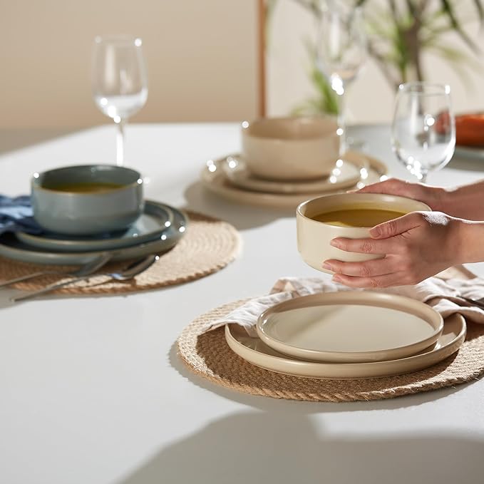 Dinnerware Set, 12 Piece, by Vase and Vessel, Ceramic 10.5”Dinner Plates, 8.2”Salad Plates and 25 oz Soup Bowls, Stoneware, Microwave and Dishwasher Safe, 12 Piece Set, Sage Green, Somerset Collection
