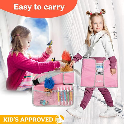 PILLANI Kids Travel Tray for Car - Car Seat Tray for Kids Travel, Road Trip Essentials Must Haves - Carseat Table Roadtrip Activities - Toddler Lap Desk Organizer for Airplane - Pack of 2, Pink