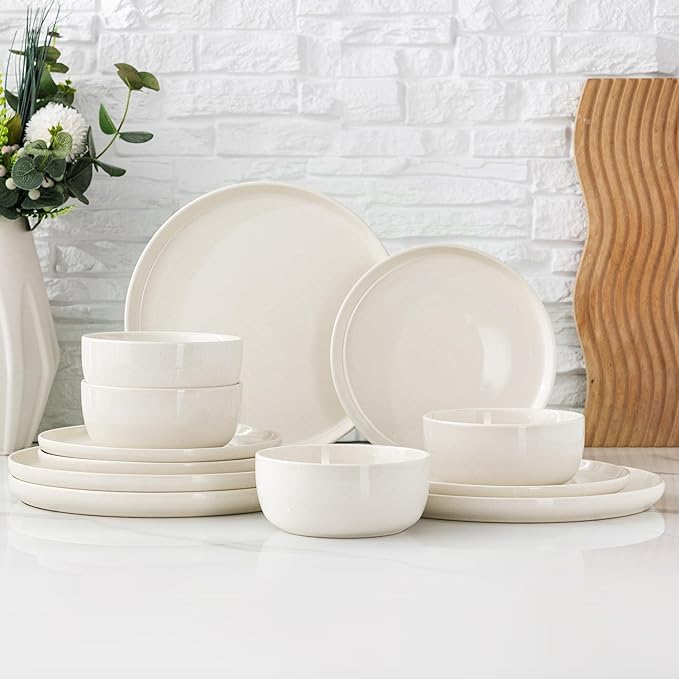AmorArc Dinnerware Sets for 4, 12 Pieces Ceramic Plates and Bowls Set, Handcrafted Stoneware Plates Set, Dishwasher & Microwave Safe Dishes Set
