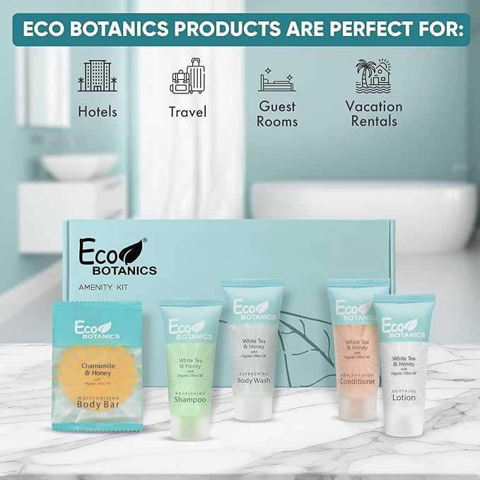 Terra Pure Eco Botanics Amenity Kit | Hotel Bulk Toiletries | 0.85 oz Shampoo, Conditioner, Lotion, Body Wash, Body Bar Soap for Guest Hospitality Vacation Rentals | 60 Sets/Case