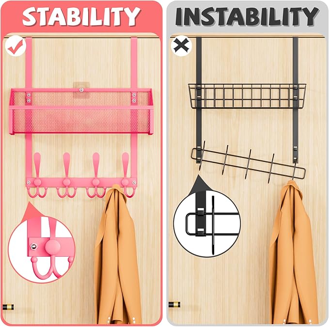 Over The Door Hooks Organizer, Coat Rack Over The Door Storage Hanger Towel Rack, Back of Storage Organizer for Bathroom,Bedroom,Kitchen,Office(Pink 2-Tier)
