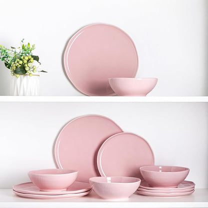 LERATIO Ceramic Dinnerware Sets for 4,Porcelain Plates and Bowls Sets with Wavy Edge,Microwave & Dishwasher & Oven Safe,Light Weight & Scratch Resistant Dishes Sets-Service for 4 (12pcs)-Pink
