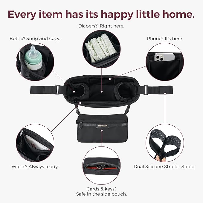 Momcozy Universal Stroller Organizer | Minimalist Caddy with 2 Insulated Bottle Holder | Silicone Anti-Slip Straps | Detachable Mini Pouch | Durable Dense-Weave, Fits for UPPAbaby/Doona & More