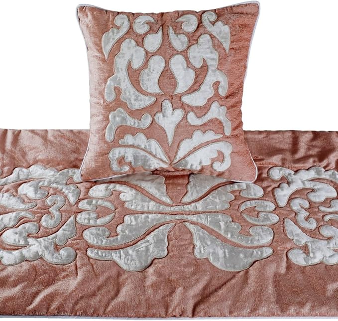 The HomeCentric Decorative Peach & Ivory King 90 x 18 inch Bed Runner with 2 Pillow Cover, Velvet Applique Bed Scarf, Abstract Modern - Peach Elegance