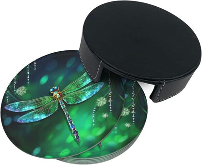 6 Pcs Fantasy Spring Dragonfly Leather Coasters