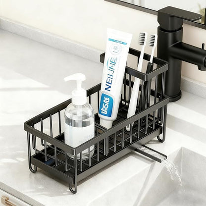 Sponge Holder for Kitchen Sink, Sink Caddy Organizer with High Brush Holder & Auto-Drain Tray, Rustproof Stainless Steel Countertop Storage for Soap Dispenser and Dish Brush, Fast Local Shipping