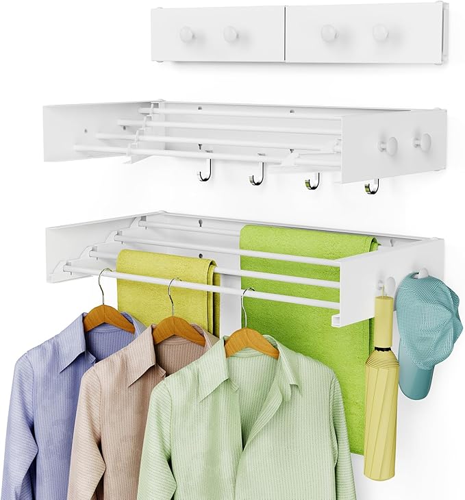 Drying Rack Clothing,Clothes Drying Rack Wall Mounted,Laundry Drying Rack Wall Mount,Foldable,Collapsible,60 lb Capacity 4 Aluminium Poles with 8 Hooks,Space Saving Clothes Drying Rack,White 23.6"