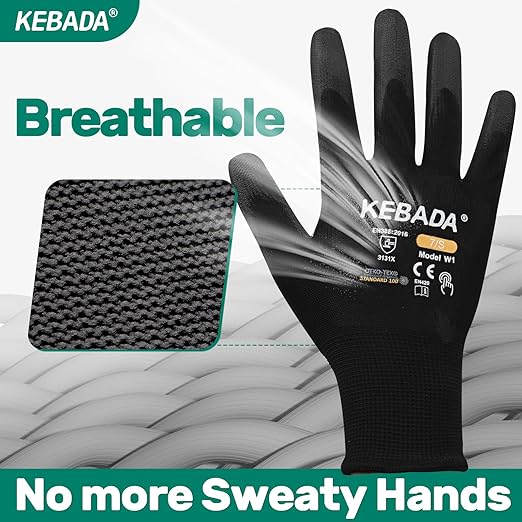 Kebada W1 Work Gloves for Men and Women, PU Coated Safety Gloves with Grip, Touchscreen, Ideal for Warehouse Package Handling, Construction, Gardening, Black Medium